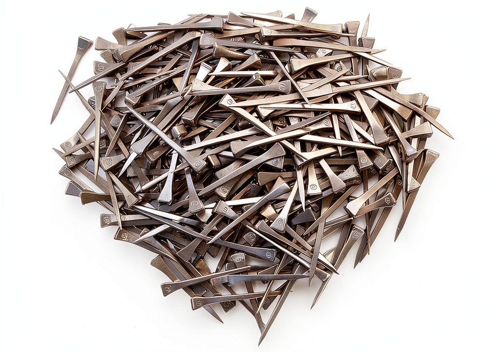 Hotyin horseshoe nails displayed on a workbench with farrier tools
