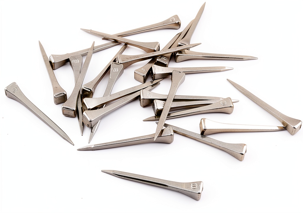 DZS Elec horseshoe nails displayed on a workbench