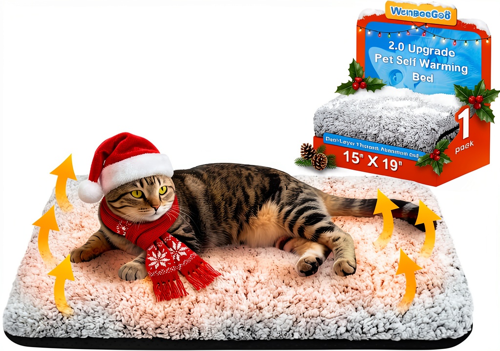 'WanPeeGoo self-warming cat bed placed on a living room floor'