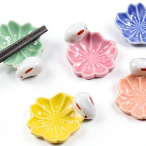 Ceramic Rabbit Chopsticks Rest Rack Set of 5 Sakura Chopsticks Holder Set Flower Porcelain Chopsticks Stand Cherry Blossom Spoon Fork Knife Holder for Tabletop Decor Gift-0