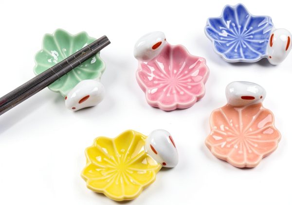 Ceramic Rabbit Chopsticks Rest Rack Set of 5 Sakura Chopsticks Holder Set Flower Porcelain Chopsticks Stand Cherry Blossom Spoon Fork Knife Holder for Tabletop Decor Gift-0