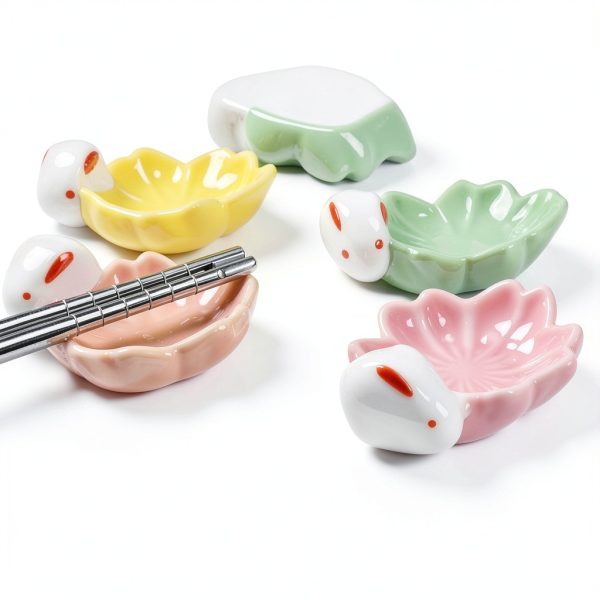 Ceramic Rabbit Chopsticks Rest Rack Set of 5 Sakura Chopsticks Holder Set Flower Porcelain Chopsticks Stand Cherry Blossom Spoon Fork Knife Holder for Tabletop Decor Gift-2