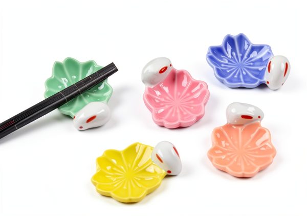 Ceramic Rabbit Chopsticks Rest Rack Set of 5 Sakura Chopsticks Holder Set Flower Porcelain Chopsticks Stand Cherry Blossom Spoon Fork Knife Holder for Tabletop Decor Gift-6