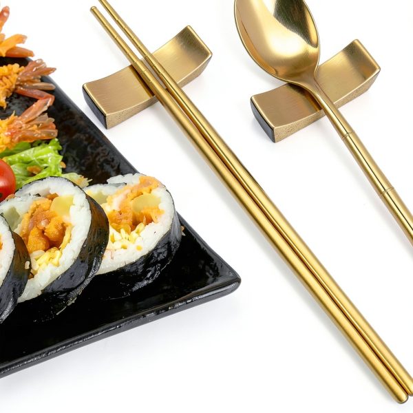 Gold Chopstick Rest Stainless Steel 5 Pairs Knife Rest and Chopsticks Holder For Countertop Holding Chopstick Spoon Forks Knife ,Cute Chopstick Stand-3